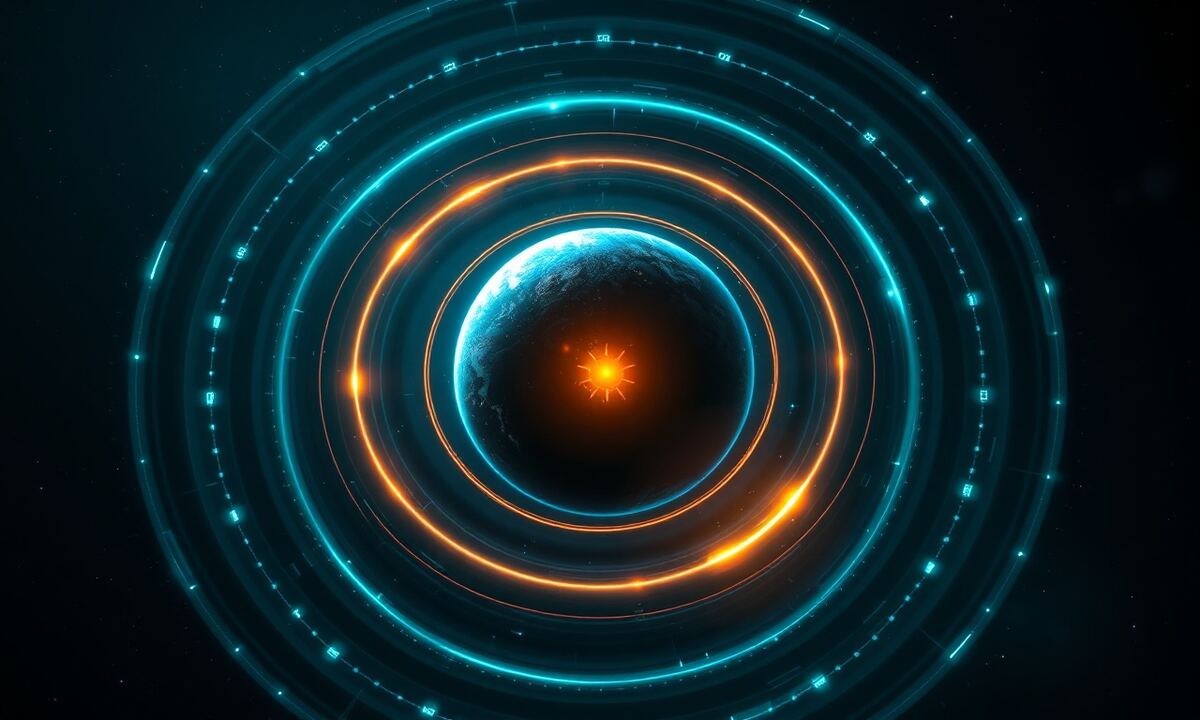Glowing orbital technology rings around a planet representing research tiers