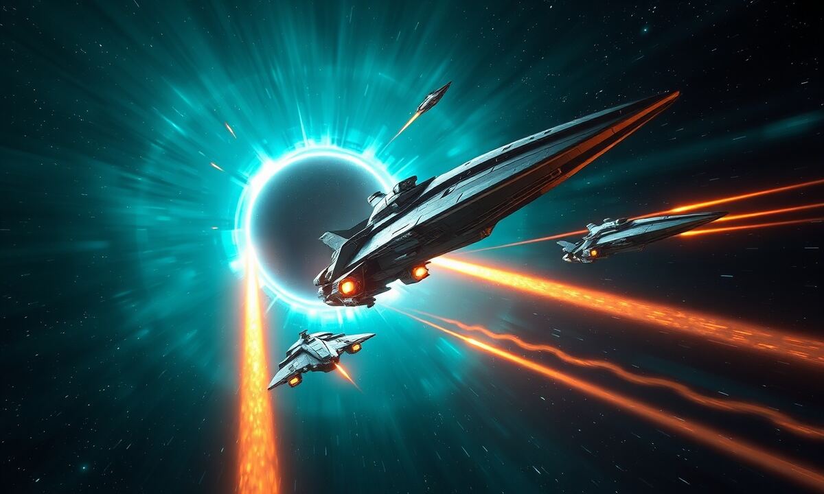 Battlecruiser warships emerging from hyperspace portal in a cinematic space battle