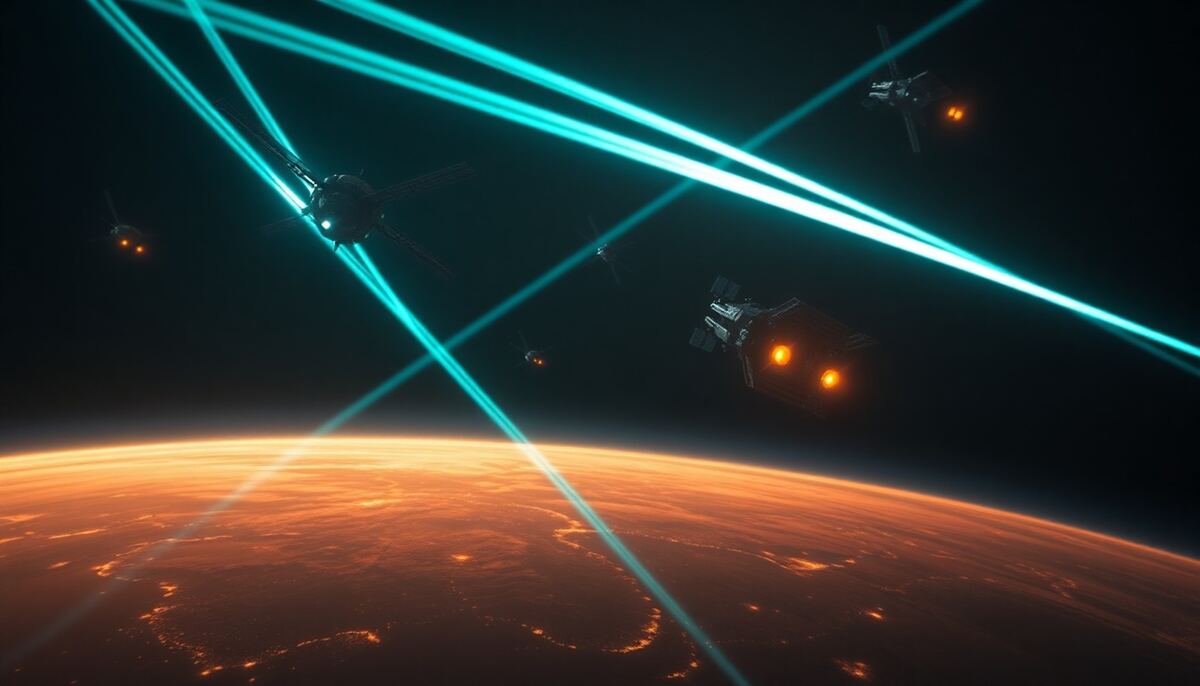 Spy satellite network scanning a planet from orbit in dramatic sci-fi art