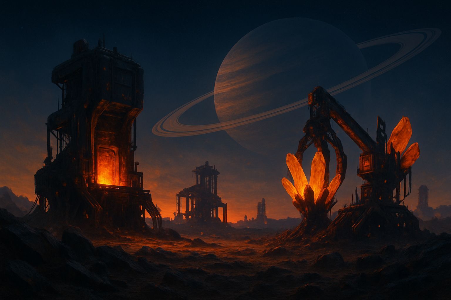 Planetary mining colony producing metal and crystal at high speed